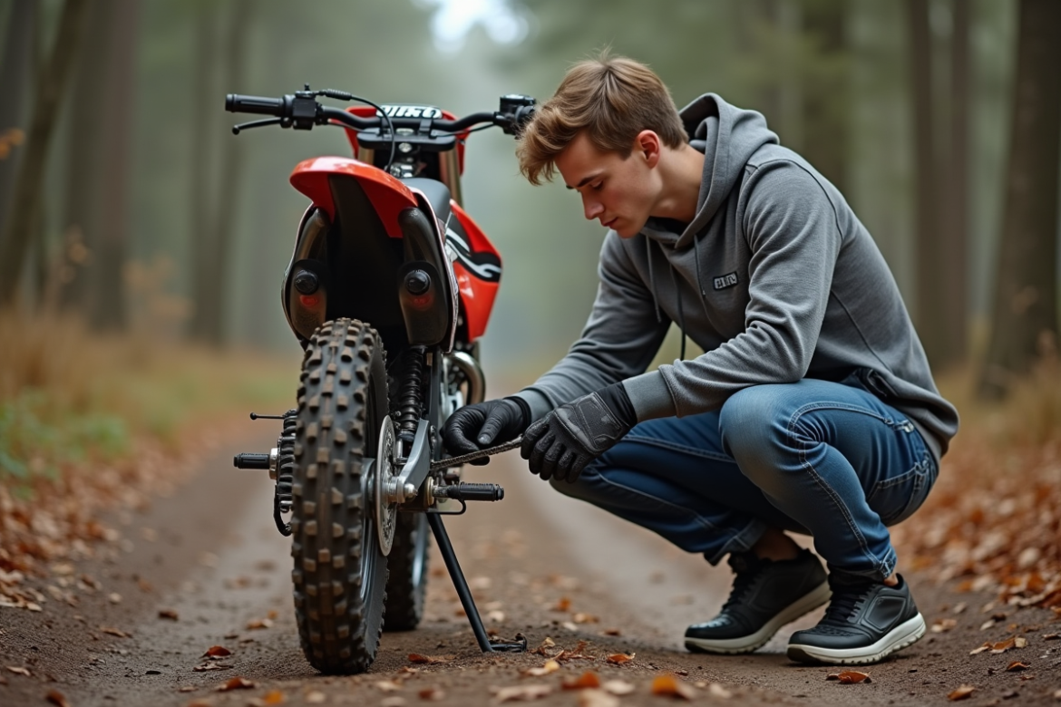 Jeune homme vérifiant la chaîne d'une moto cross 125cc
