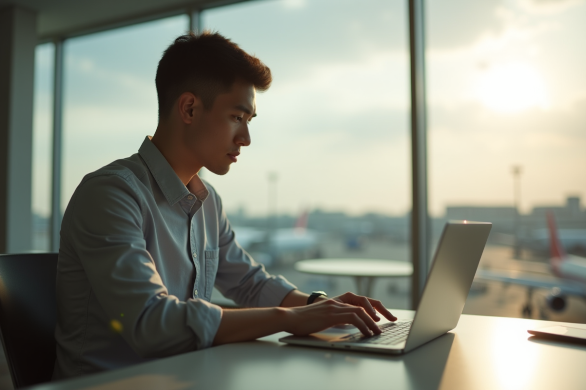 Jeune professionnel dans un lounge aéroport lumineux utilisant un ordinateur portable