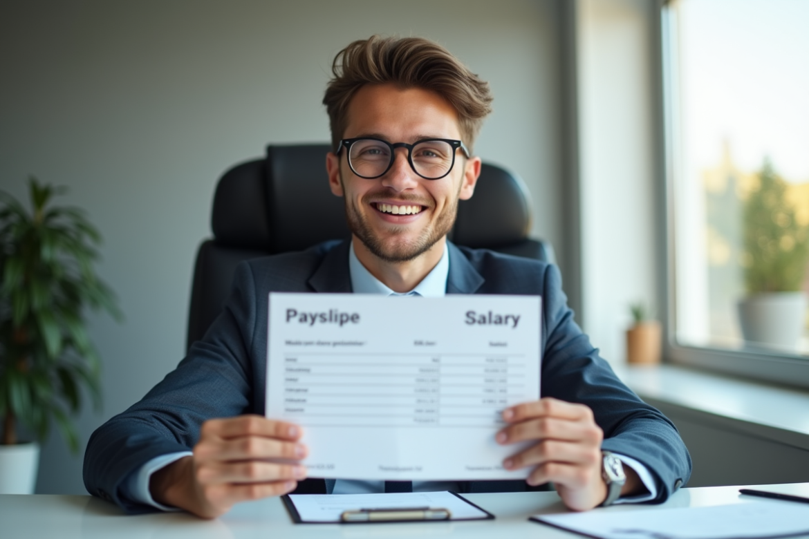Jeune professionnel tenant une fiche de paie avec salaire brut et net