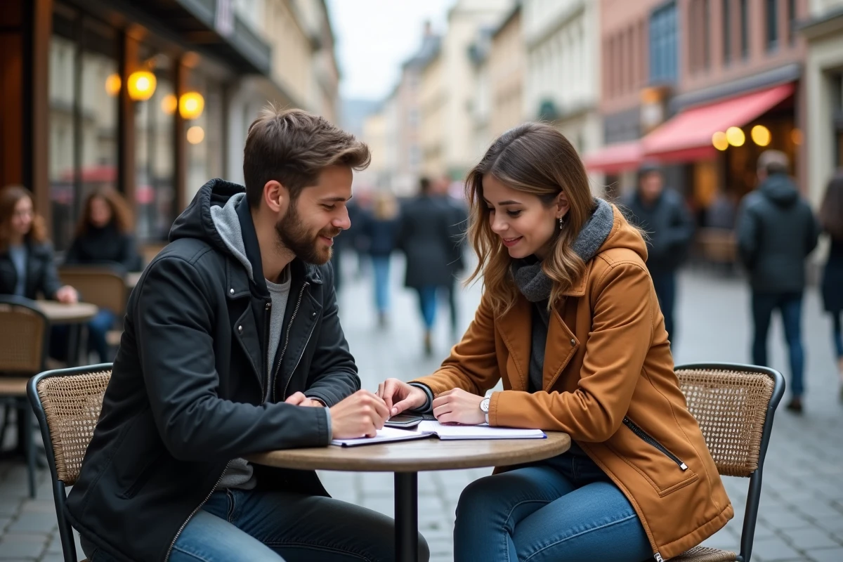 Jeunes entrepreneurs travaillant sur une terrasse de café en ville