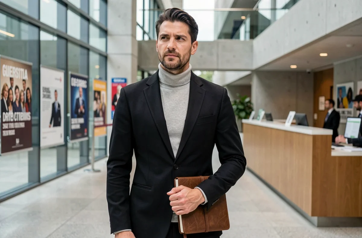 Journaliste et présentateur homme dans le hall moderne d'un bâtiment médiatique avec carnet à la main