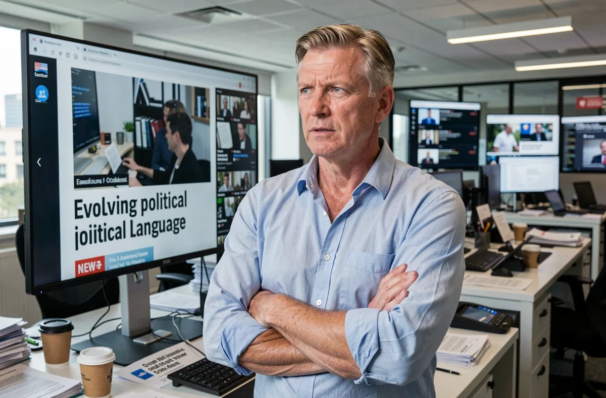 Journaliste masculin dans une salle de rédaction moderne analysant l'évolution du vocabulaire politique autour du mot woke