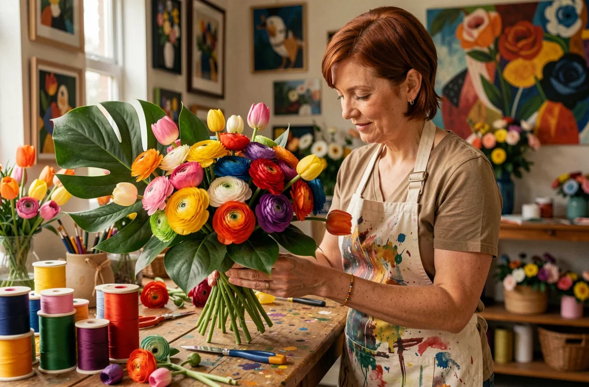 Fleuriste créative arrangeant un bouquet multicolore de renoncules et tulipes dans un studio floral artistique décoré