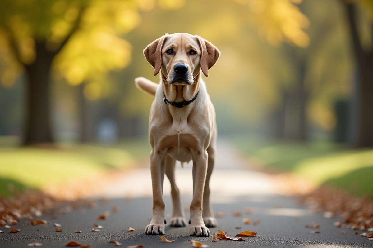 Labrador retriever à poil court debout sur un chemin de parc en plein jour