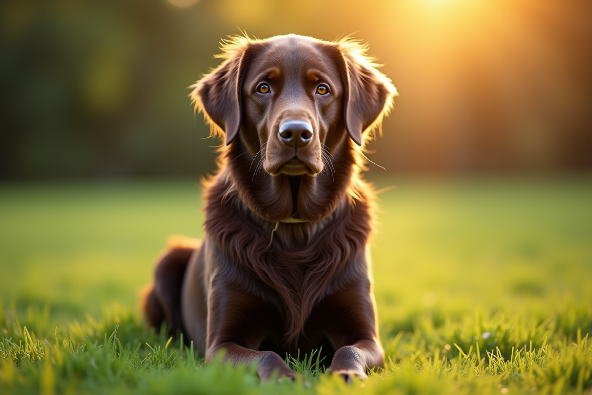 Labrador retriever à long poil assis dans l'herbe verte en fin d'après-midi