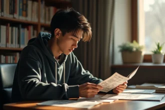 Jeune homme étudiant une page de manga en version française à son bureau encombré de volumes japonais