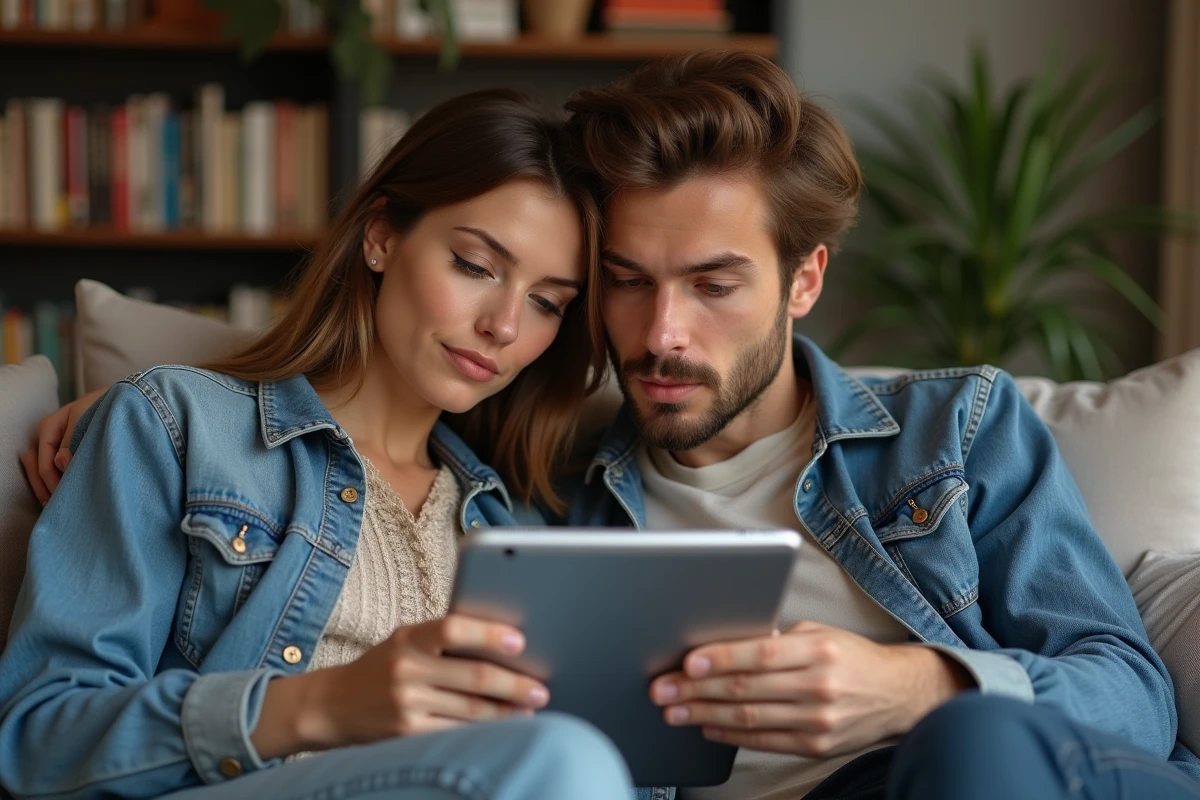 Deux lecteurs découvrant ensemble un chapitre de manga en scan VF sur une tablette dans leur salon