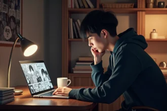 Jeune homme lisant des mangas sur un site de scan en ligne depuis son bureau à la maison en 2026