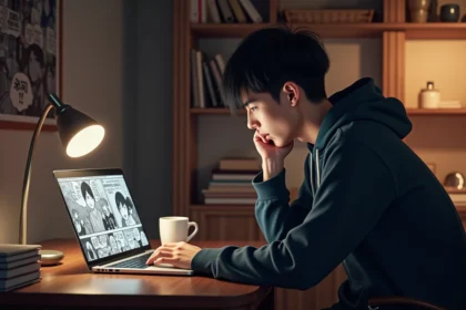 Jeune homme lisant des mangas sur un site de scan en ligne depuis son bureau à la maison en 2026