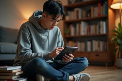 Jeune homme lisant des mangas sur une tablette via une application de lecture en ligne dans un appartement cosy