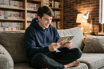Jeune homme lisant One Piece en ligne sur une tablette dans un appartement cosy entouré de mangas