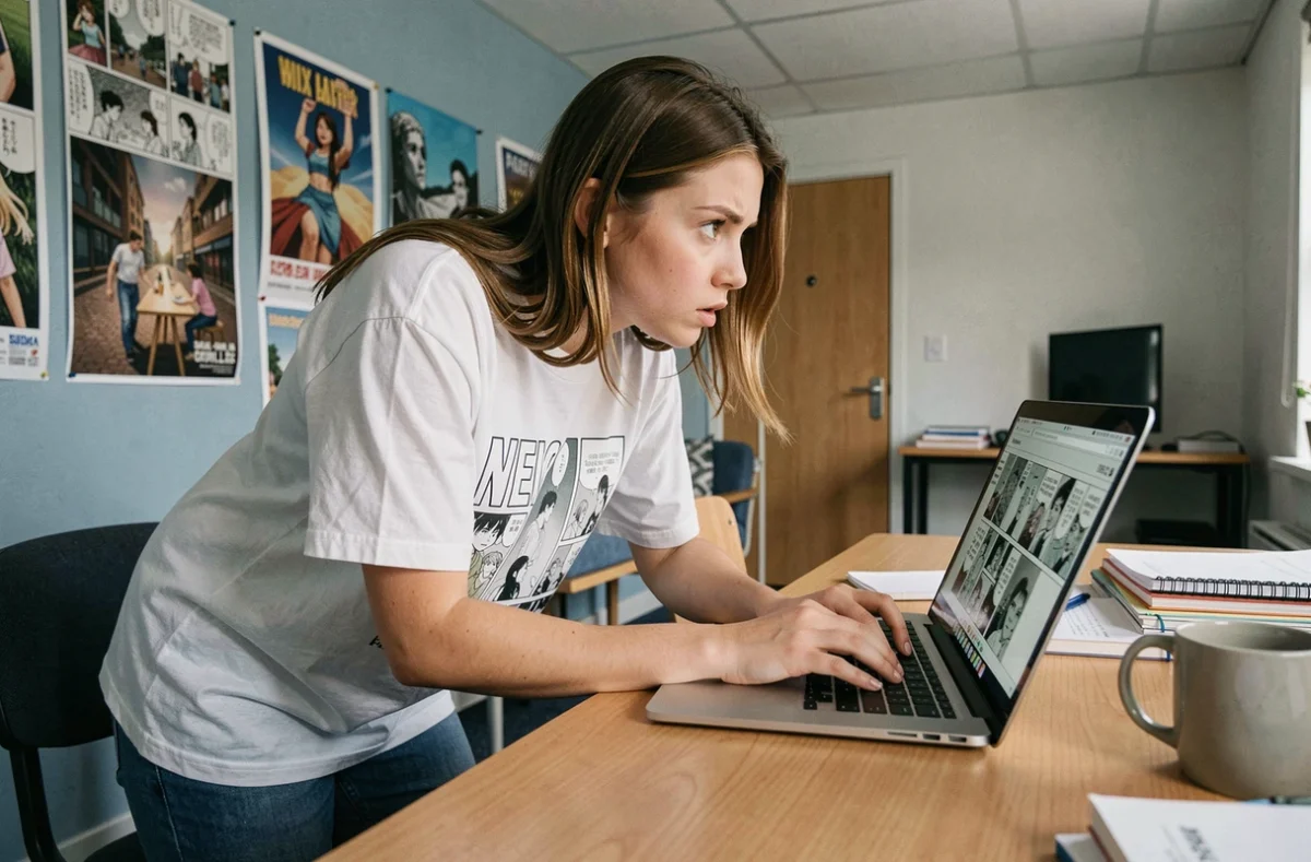Jeune femme lisant des scans de One Piece sur ordinateur portable dans une chambre d'étudiant