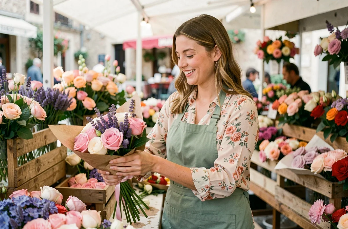 Lisa emballant un bouquet de roses et lavande dans du papier kraft à son étal de fleurs sur un marché provençal