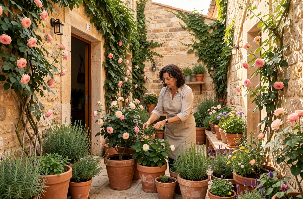 Véronique prenant soin de plantes méditerranéennes et rosiers grimpants dans son jardin-boutique en pierre de l'Hérault