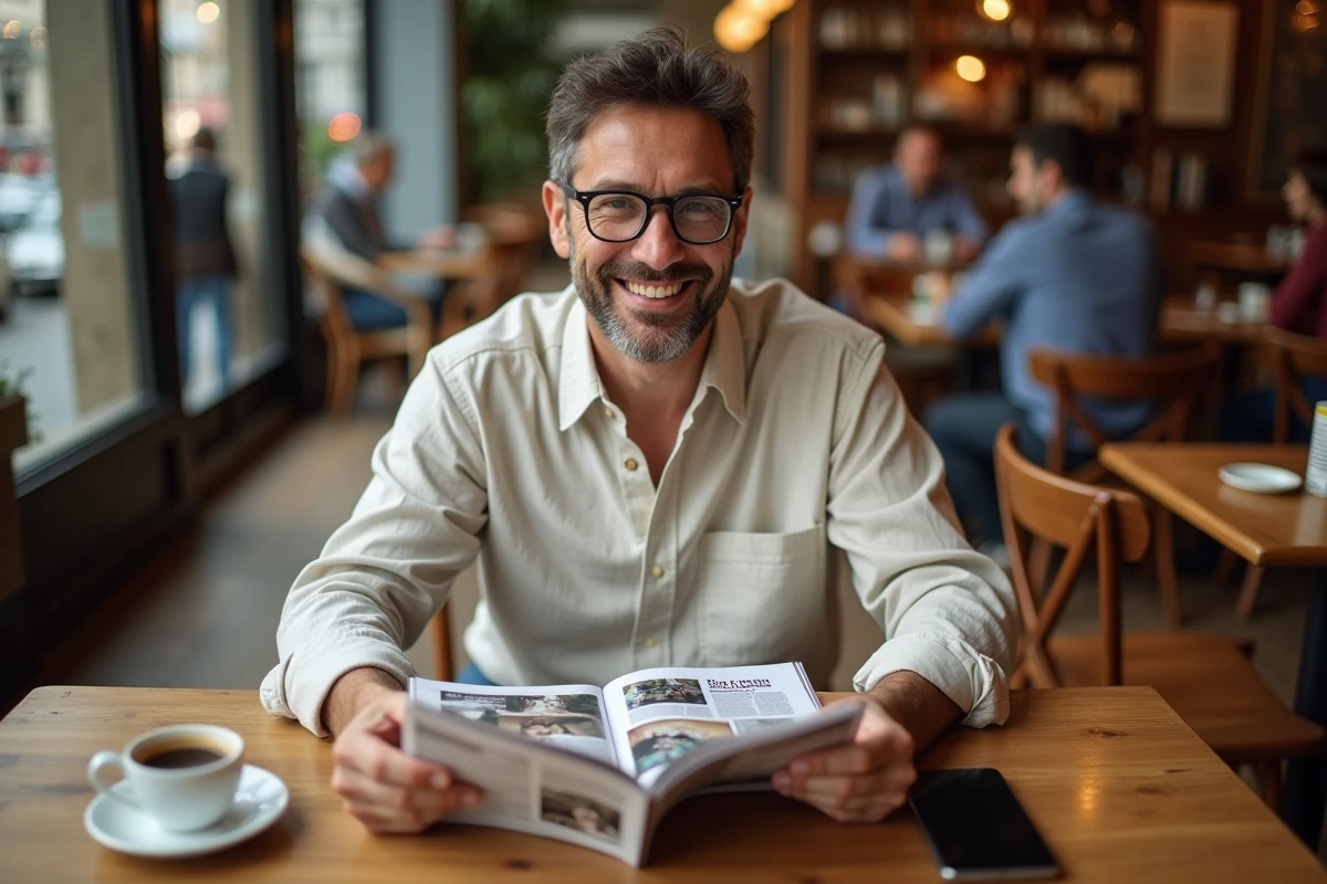 Homme lisant un magazine en exclusivité dans un café parisien dès la parution