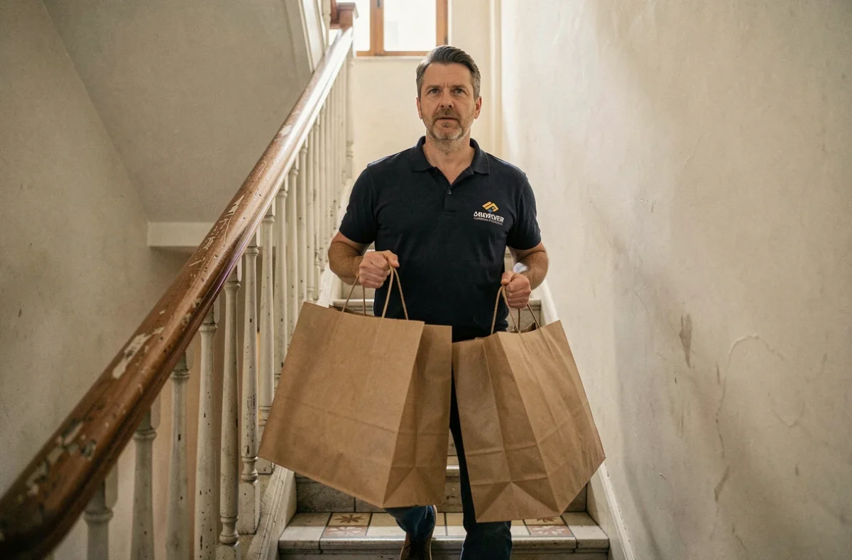 Livreur portant des sacs de courses à domicile dans une cage d'escalier d'appartement urbain