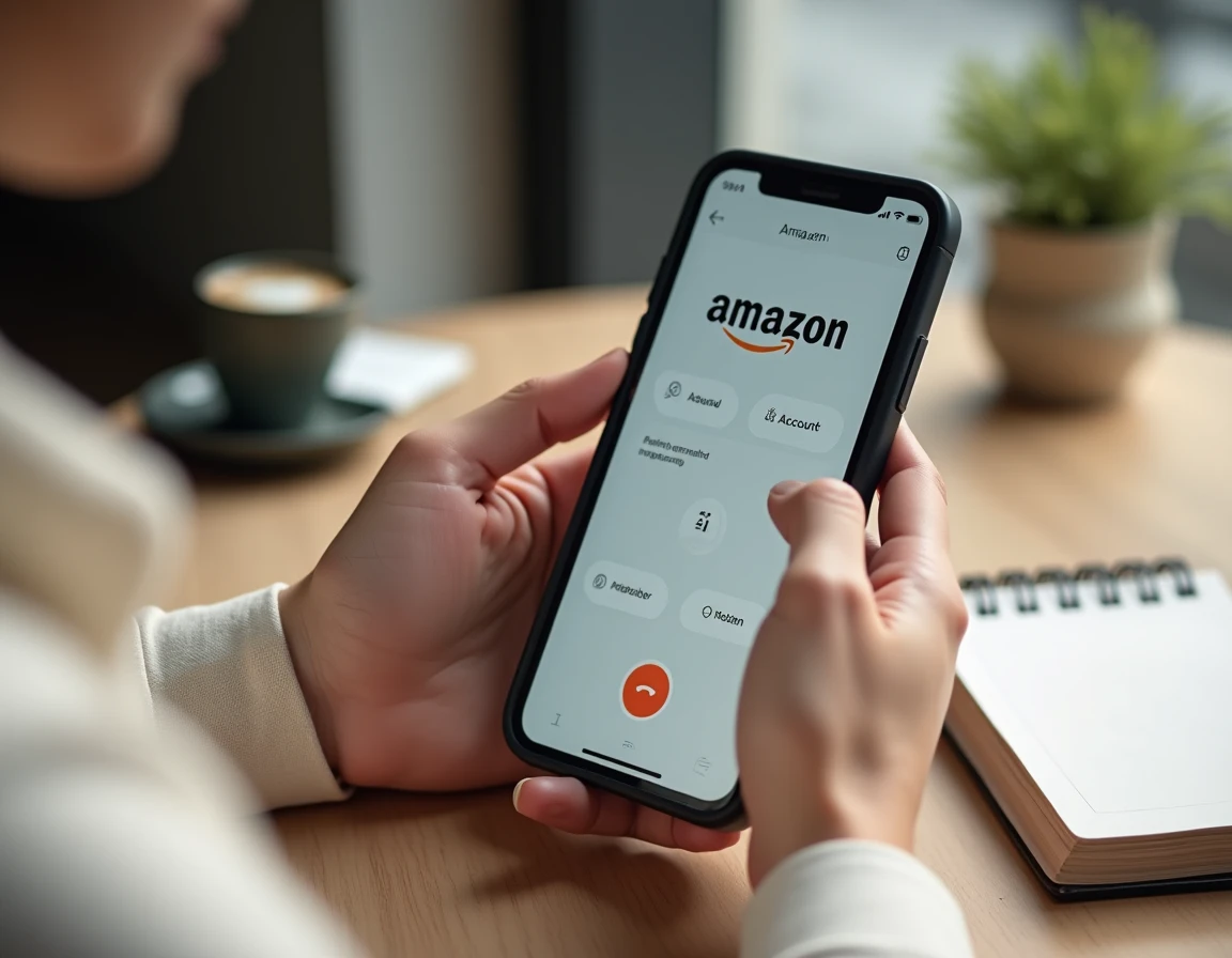 Mains tenant un smartphone affichant les paramètres de gestion des appels du compte Amazon avec une tasse de café en arrière-plan