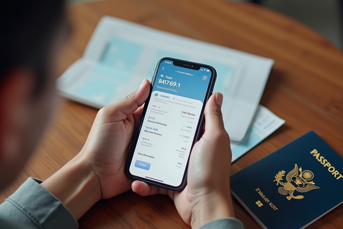 Mains tenant un smartphone affichant une reservation de vol avec passeport