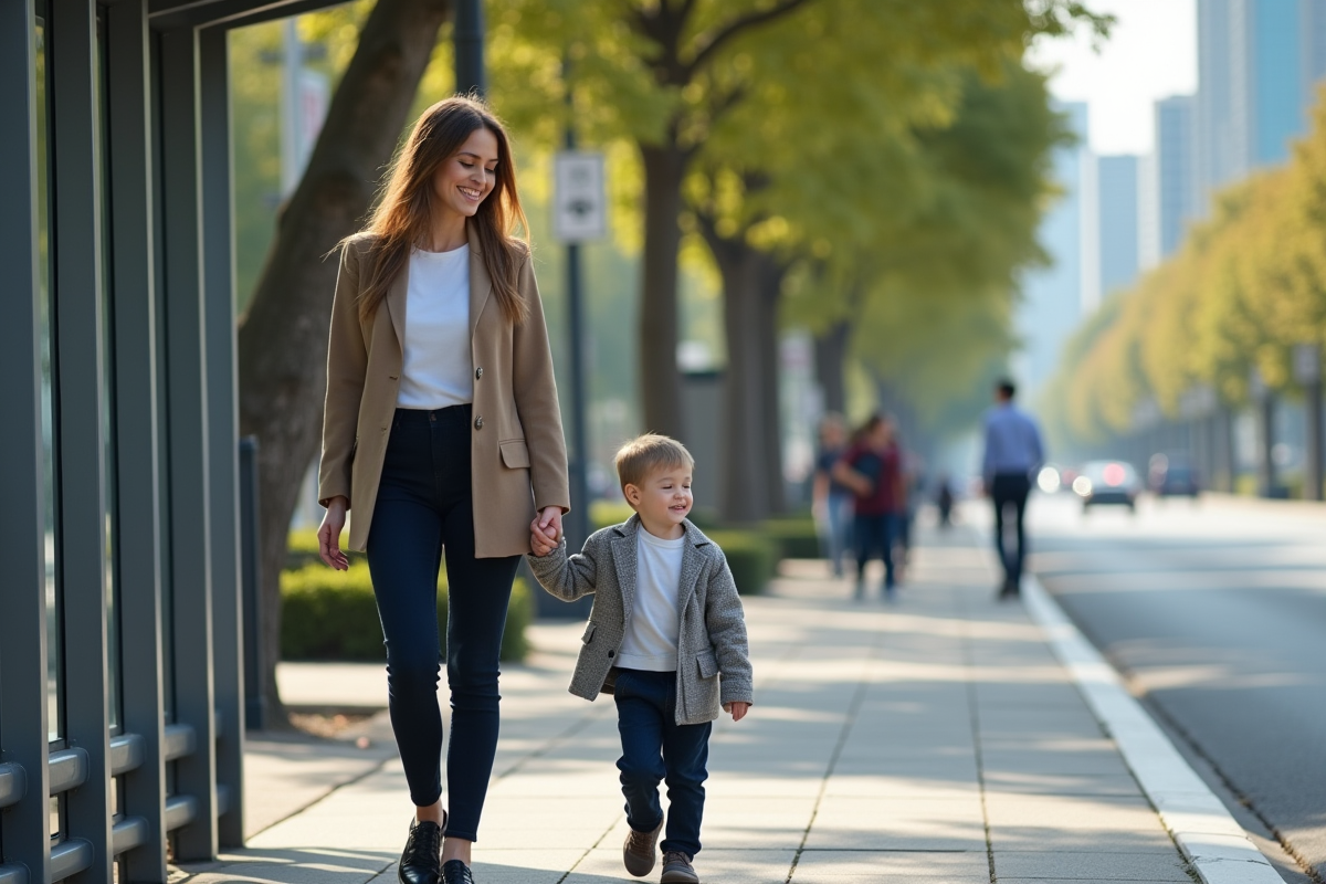 Maman et son fils attendant à un arrêt de bus en ville