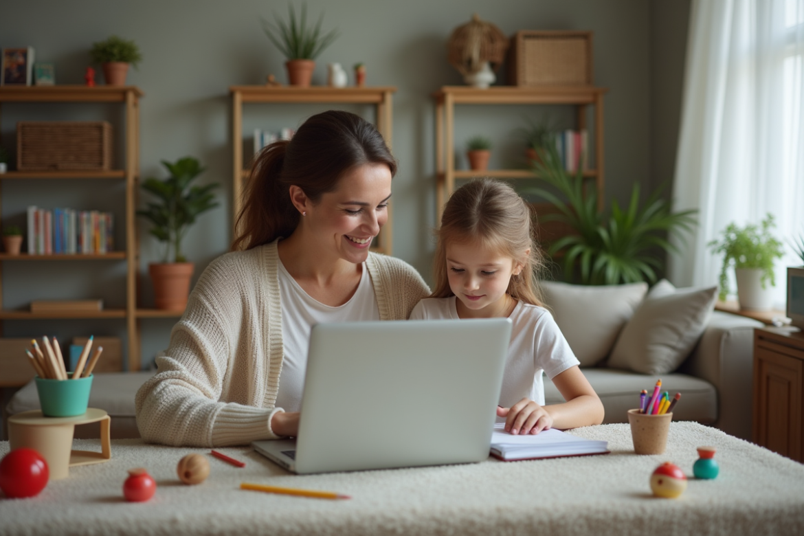 Maman et sa fille dessinant dans un salon chaleureux