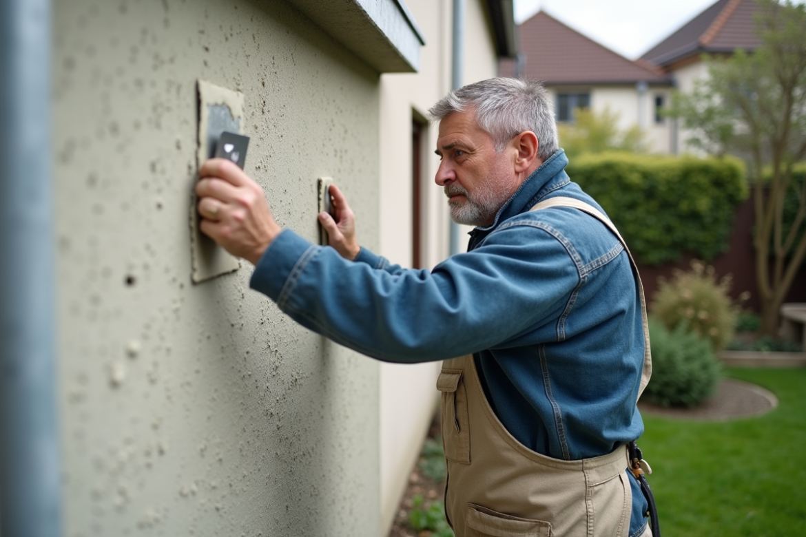 Maçon appliquant un enduit neuf sur un vieux mur extérieur