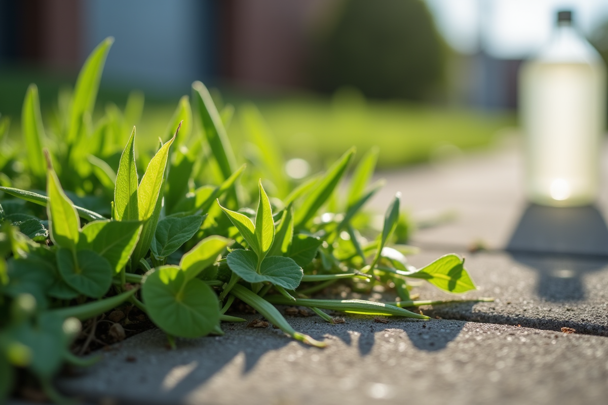Gros plan de mauvaises herbes vertes sur le trottoir avec vinaigre blanc