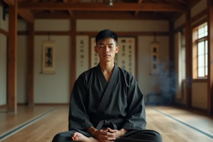 Jeune homme en tenue d'entraînement méditant dans un dojo traditionnel, évoquant la cultivation du qi et la progression martiale dans un manhwa de cultivation