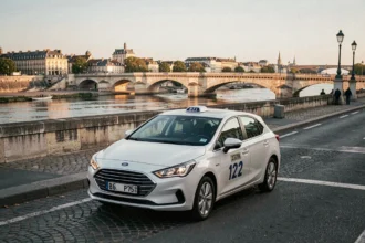 Vue panoramique d'un taxi traversant le Pont de Pierre à Bordeaux avec la Garonne en arrière-plan, illustrant les meilleures compagnies de taxis en Gironde
