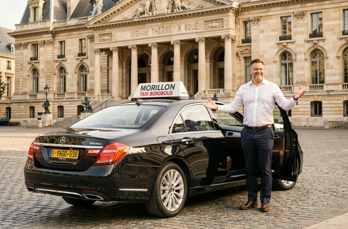 Chauffeur de Morillon Taxi Bordeaux devant le Grand Théâtre avec une berline noire et signe lumineux sur le toit