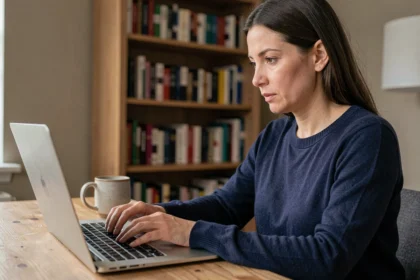 Femme tapant un mot de passe sur un ordinateur portable dans un bureau à domicile cosy