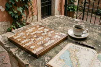 Grille de mots croisés posée sur une table en pierre dans une cour italienne avec un guide de voyage et un crayon