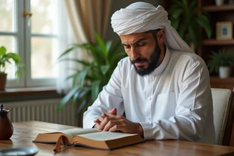 Musulman lisant le Quran dans un intérieur paisible