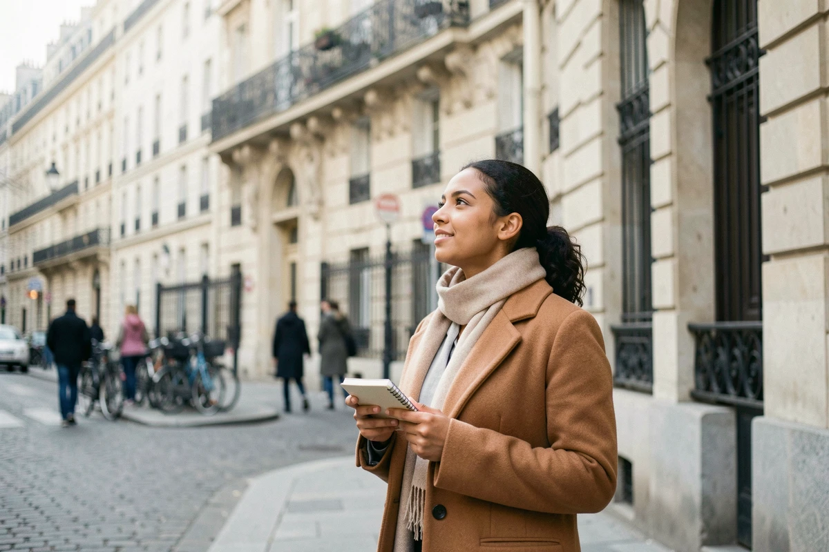 Jeune femme franco-marocaine dans une rue parisienne haussmannienne illustrant le contexte biographique et les origines culturelles de Najwa El Haïté en 2026