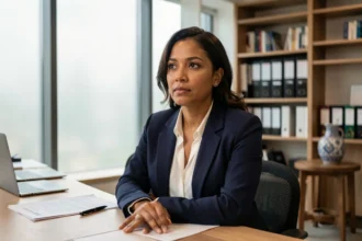 Femme d'origine nord-africaine en blazer marine dans un bureau professionnel contemporain illustrant les origines et le parcours de Najwa El Haïté