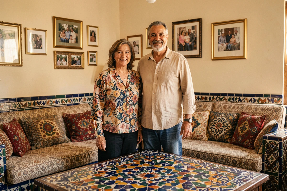 Couple de parents d'origine marocaine dans un salon décoré de motifs traditionnels évoquant les racines familiales et culturelles de Najwa El Haïté