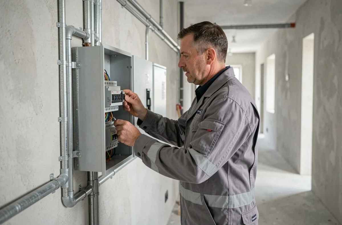 Électricien de ND Electricité 2B travaillant sur un tableau électrique dans un couloir de bâtiment en Haute-Corse