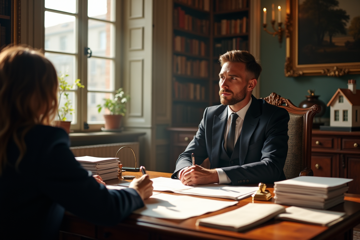 Office notarial français avec un notaire en costume et un client