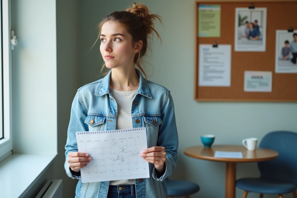 Jeune femme consultant un calendrier manuscrit pour organiser la réinsertion d'un proche après calcul de remise de peine
