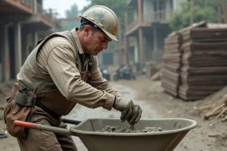 Ouvrier de construction versant du ciment sur un chantier