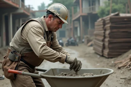 Ouvrier de construction versant du ciment sur un chantier
