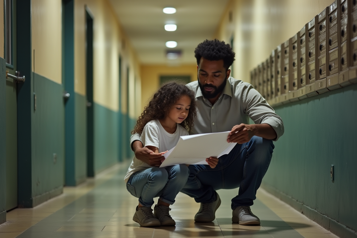 Père jeune et sa fille examinant des papiers dans un couloir
