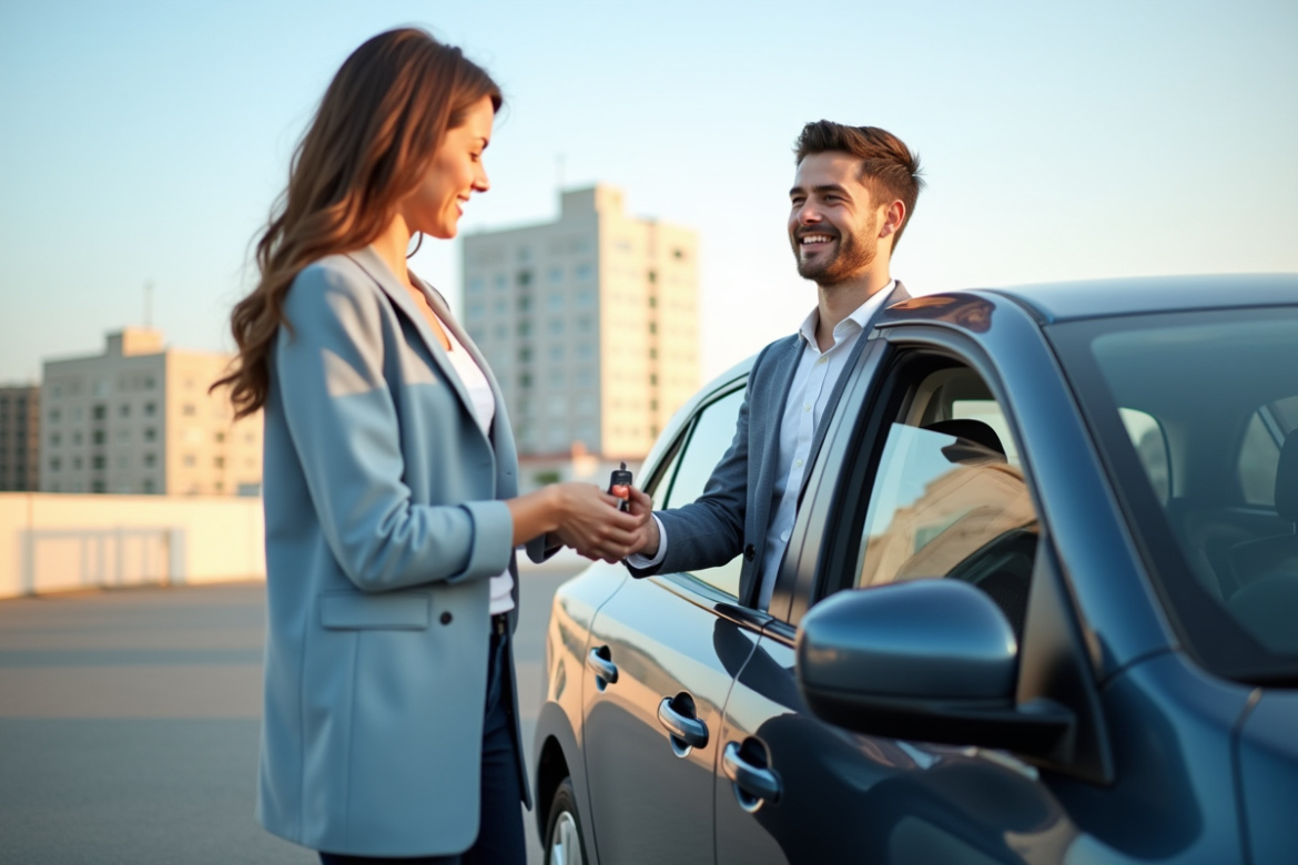 Jeune homme donnant les clés à une femme souriante devant une voiture moderne