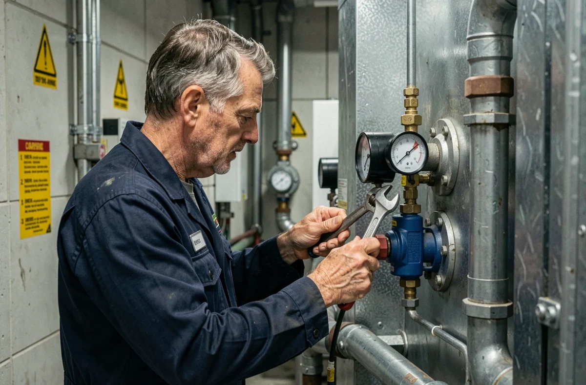 Professionnel de P.C.C. Compiègne réglant un régulateur de pression sur une chaudière industrielle