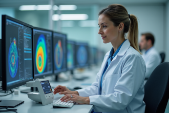 Physicienne médicale en laboratoire avec appareil dosimetrie