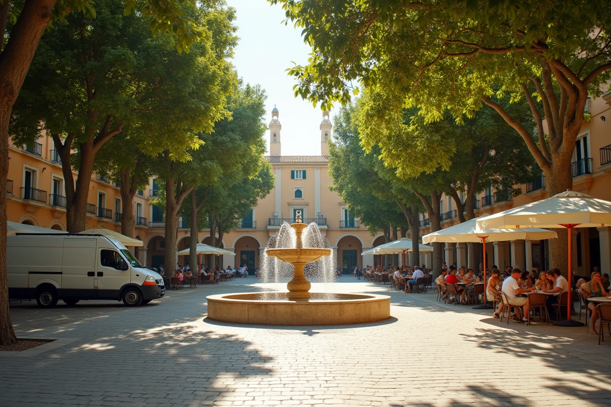 Place du village à Sète avec terrasse de café et décor de tournage visible, lieu de tournage de DNA en 2026