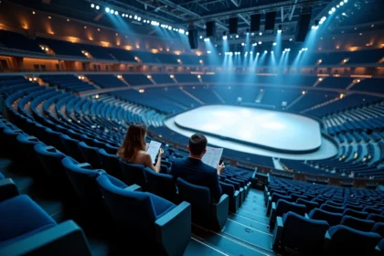 Vue depuis les places VIP en hauteur d'une grande salle de concert type Bercy avec rangées de sièges en velours bleu marine