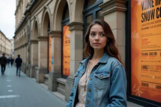 Jeune femme découvrant l'affiche d'un concert à Lyon devant une salle de spectacle historique en 2026