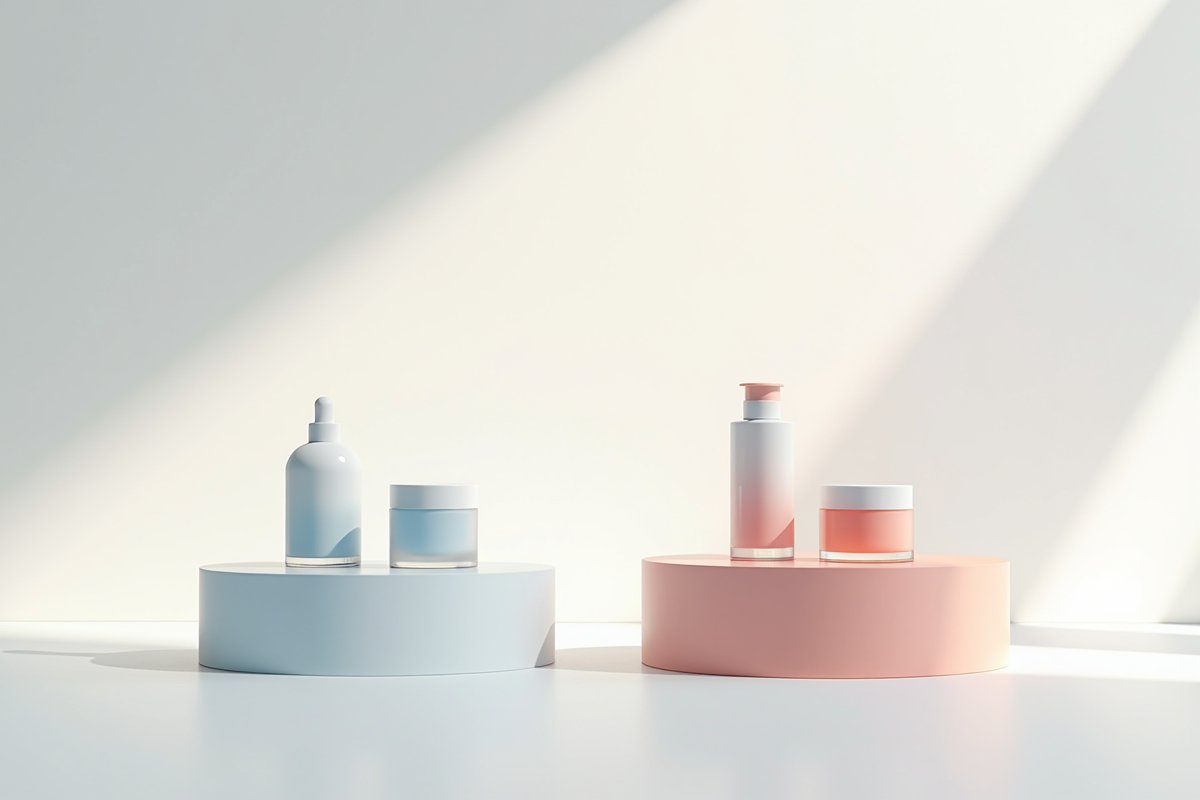 Deux lignes de produits de marques contrastantes sur podiums