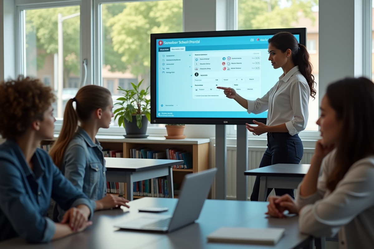 Professeure montrant un portail digital à des lycéens en laboratoire