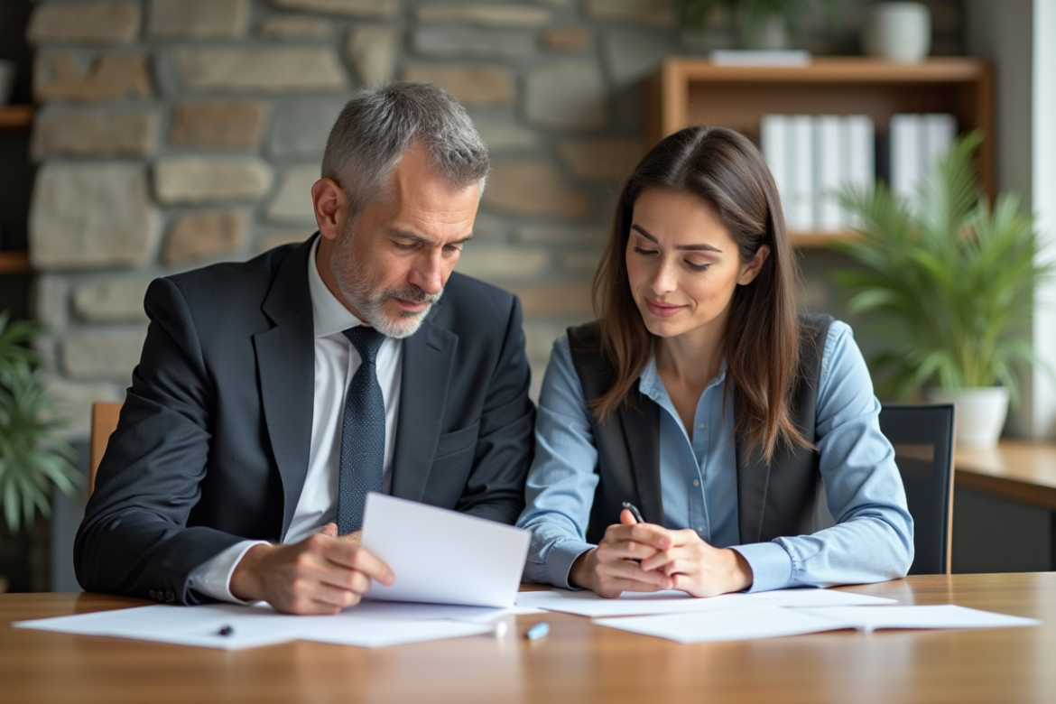 Homme et femme en réunion dans un bureau lumineux